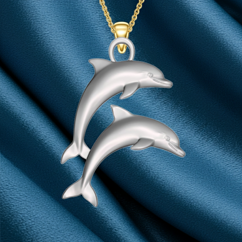Double Dolphin Pendant with Integrated Bail – Polished Silver or Brass – 28 x 21 mm