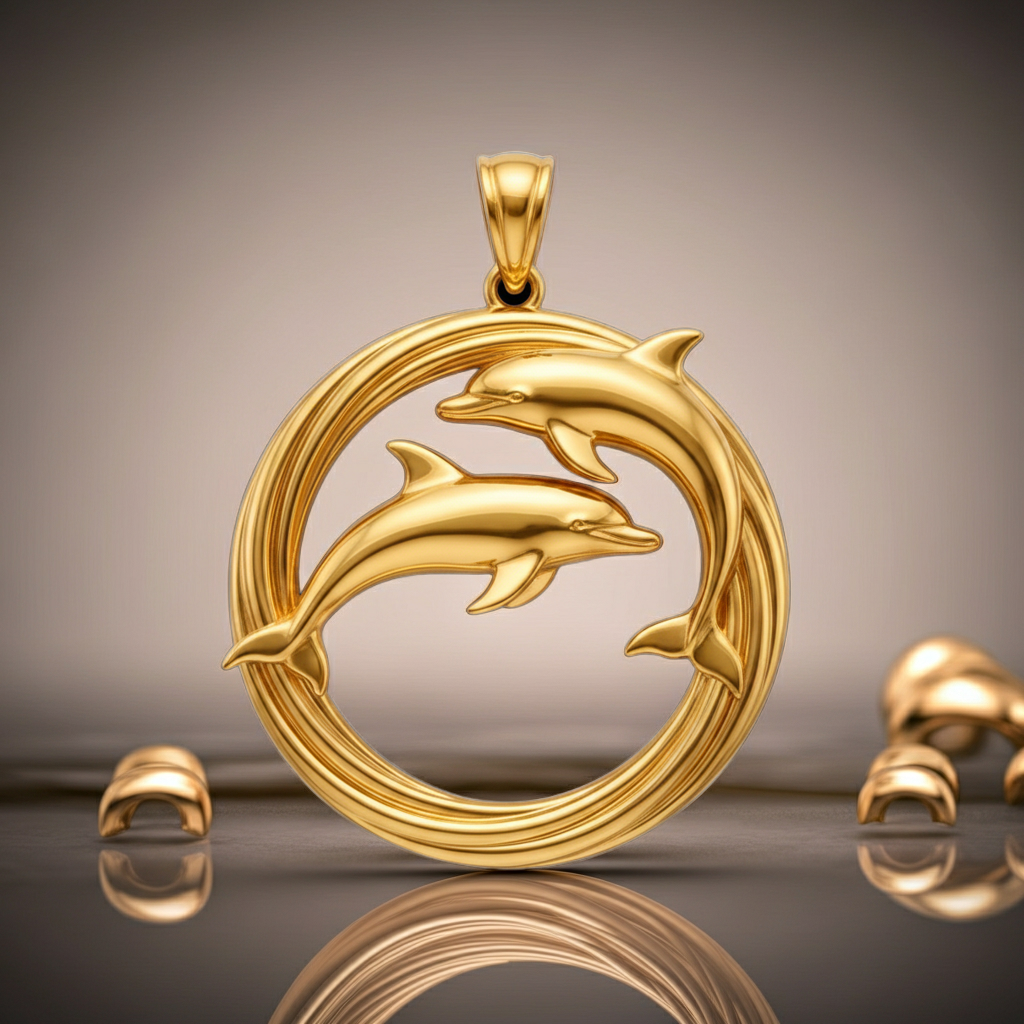 The Dolphin Pendant Necklace in gold by MokshaGoldSculptures, two dolphins swimming in a circle, upright display.