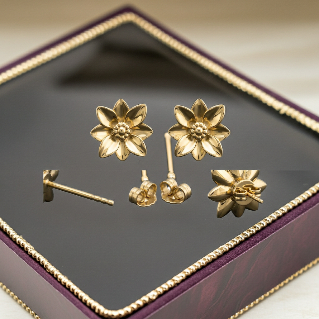 Polished Brass Flower Stud Earrings by MokshaGoldSculptures, floral design on black and gold jewelry box.