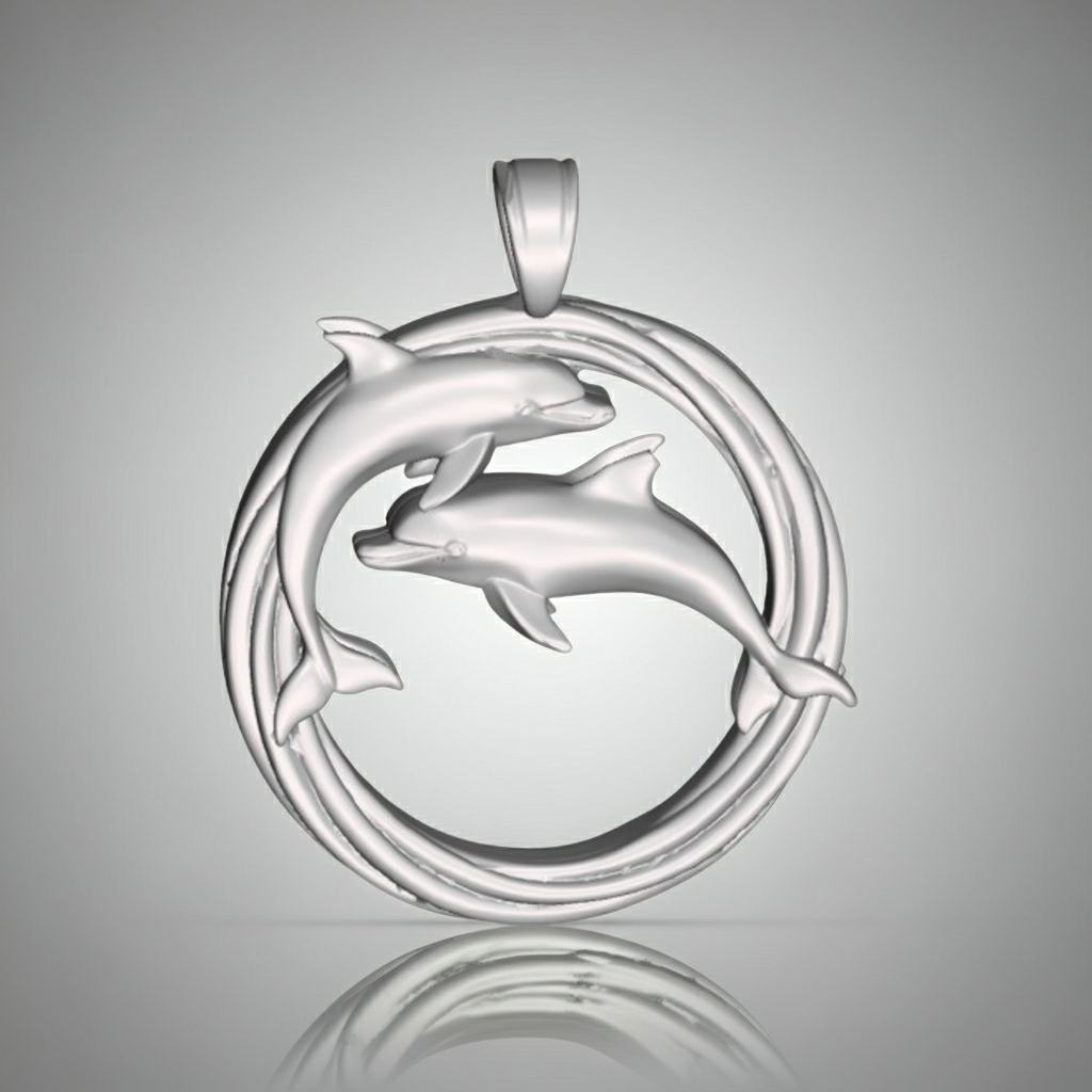 Polished Dolphin Circle Pendant with Bail – Classic Double Dolphin Necklace Charm – 29 x 23 mm