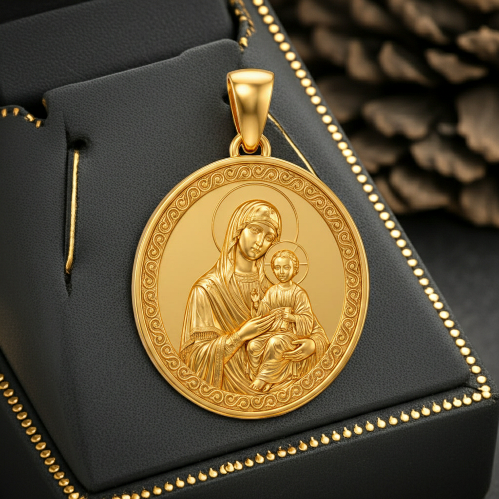 Mary with Baby Jesus Pendant Necklace – Ancient Religious Scene Jewelry – Catholic Christian Devotional Gift