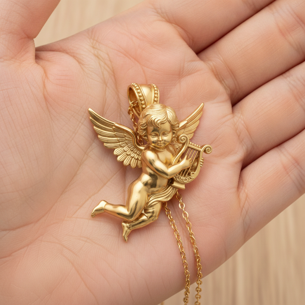 Golden Cherub Harp Pendant Necklace, Guardian Angel Jewelry, 9K Gold Angel Pendant, Sterling Silver Cherub Necklace, Religious Gift