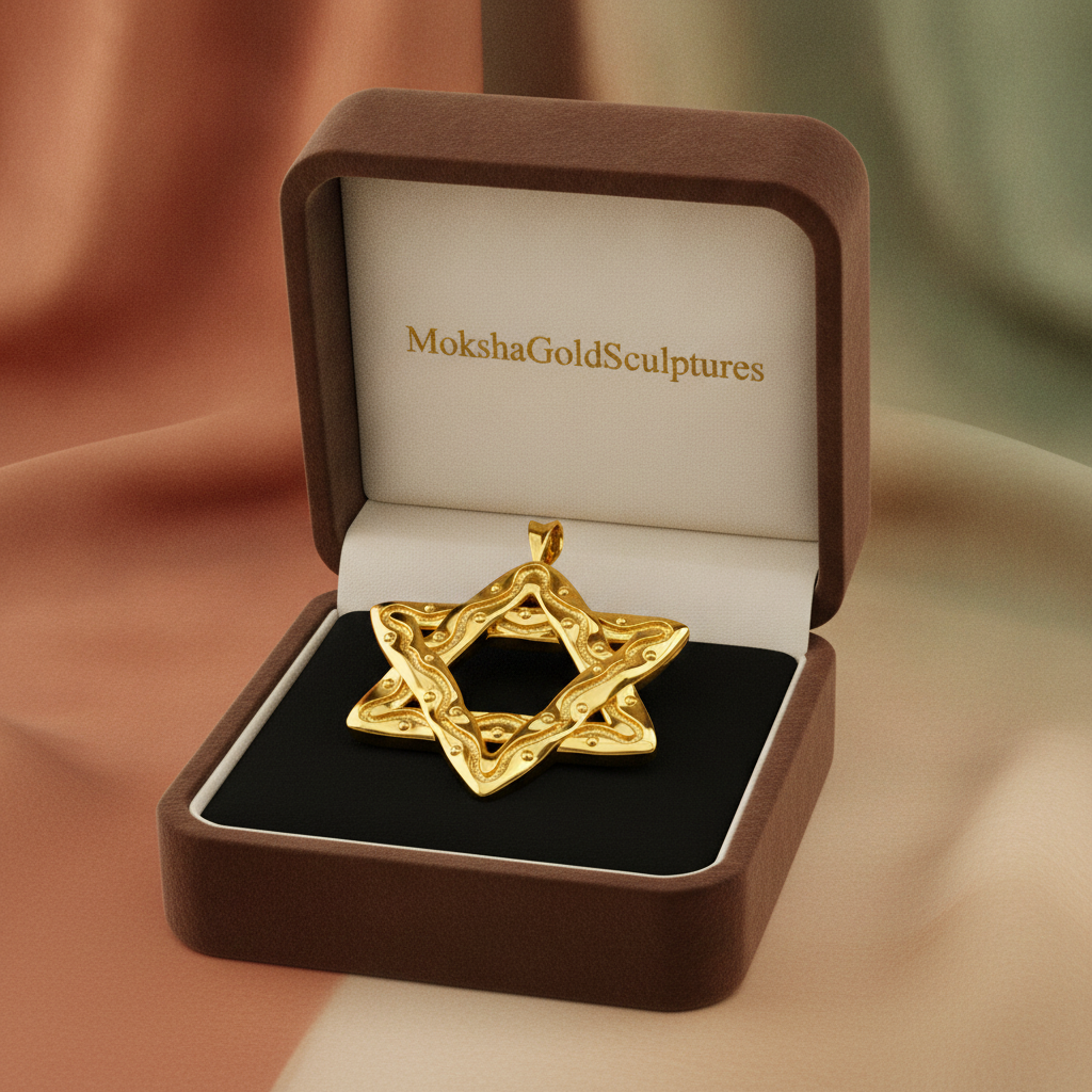 Interwoven Star of David pendant necklace in polished sterling silver by MokshaGoldSculptures, shown in an open brown box.