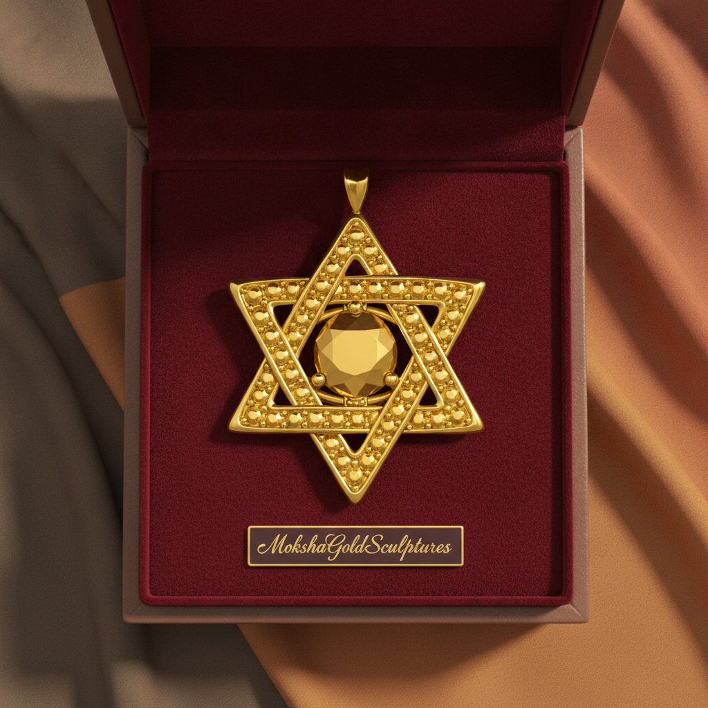 The Star of David Pendant Necklace in 18K gold by MokshaGoldSculptures, shown in a red velvet box with draped gold fabric.