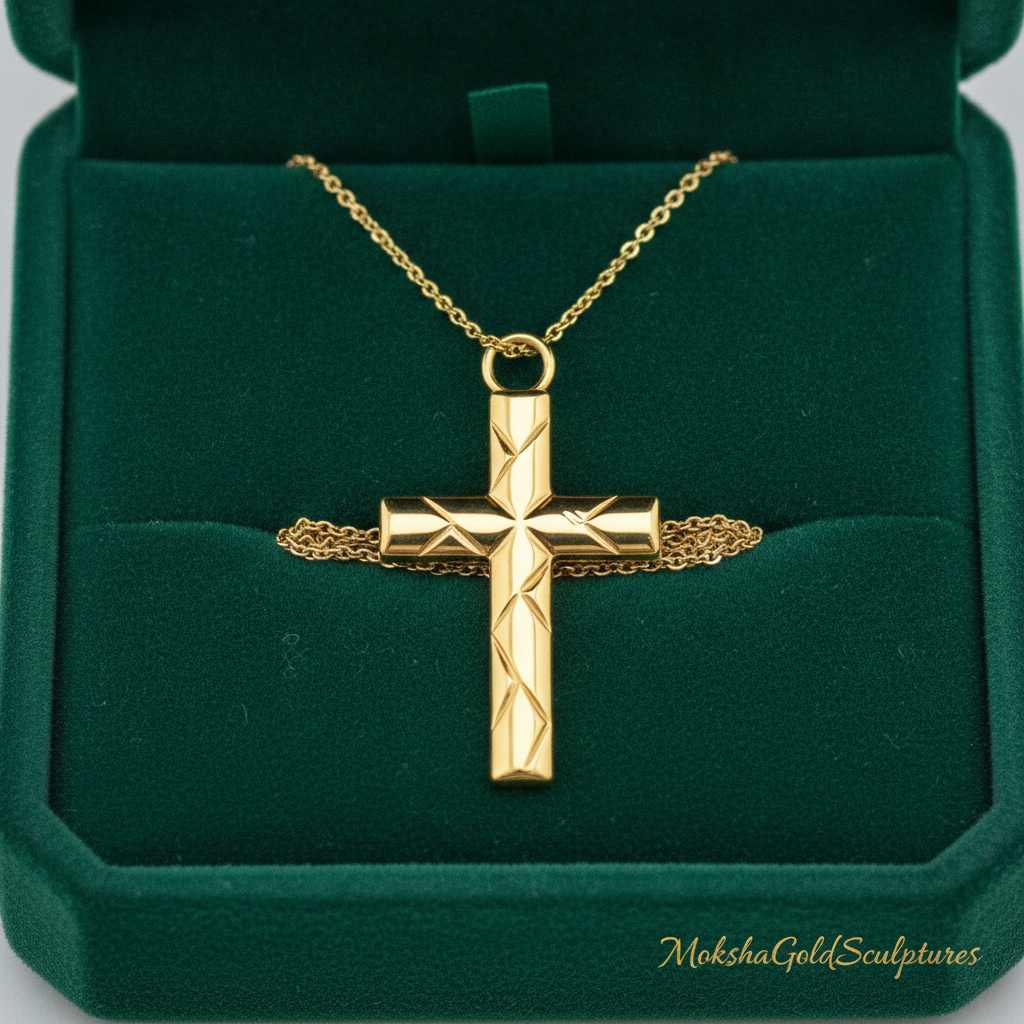 The Faceted Cross Pendant Necklace in 9K gold by MokshaGoldSculptures, geometric design, in green velvet box.