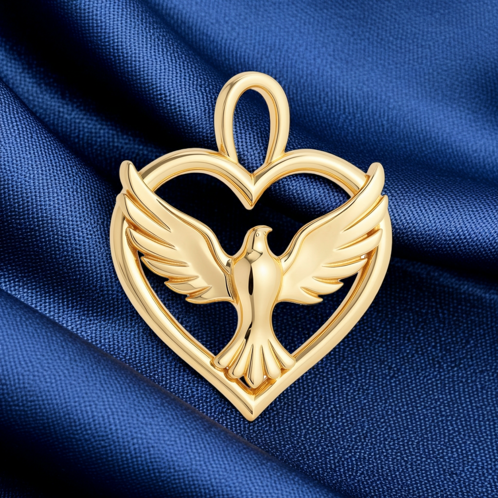 Holy Spirit Dove Heart Pendant – 35mm Polished Yellow Gold – Christian Religious Charm, Faith Jewelry, 3D Relief Necklace