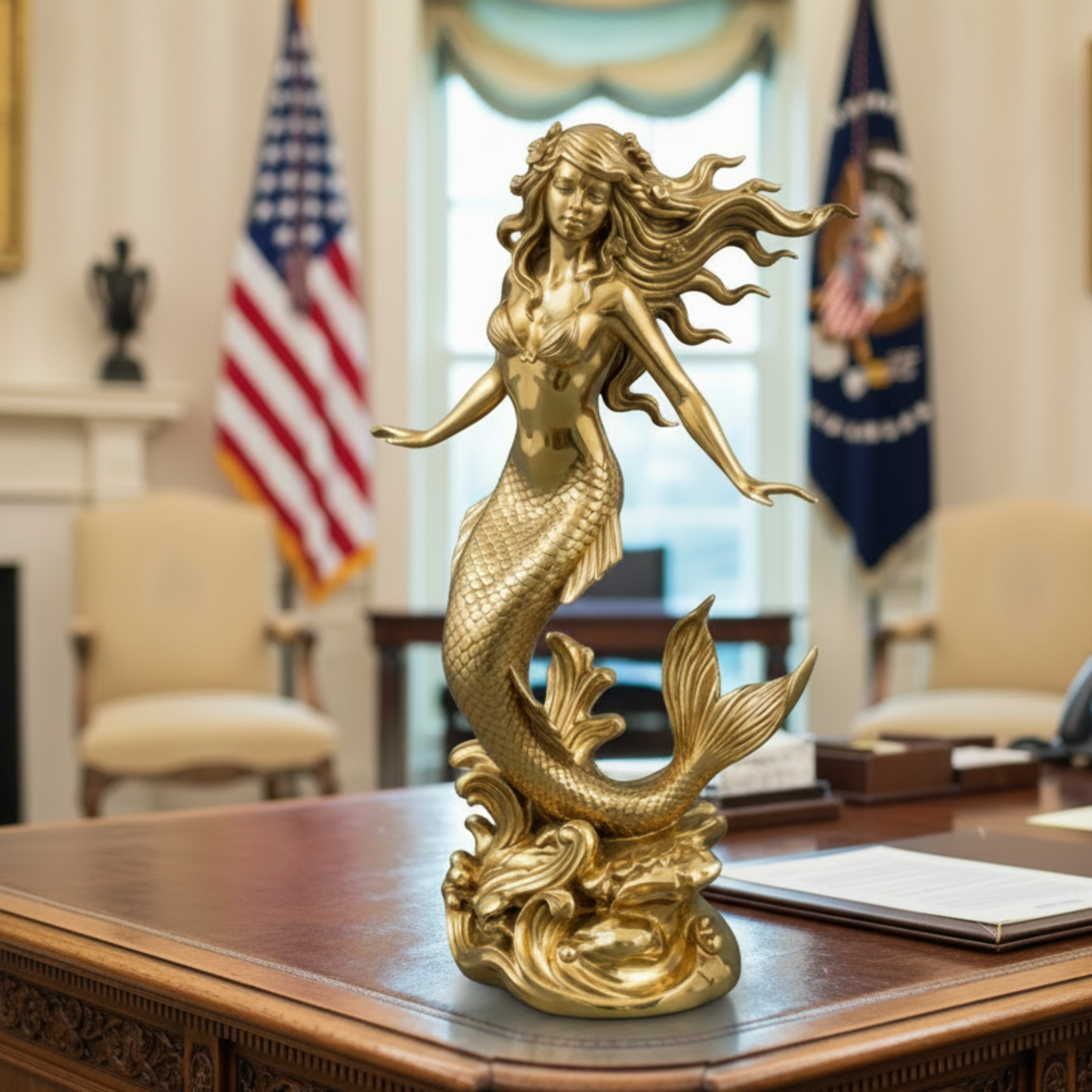 The Polished Brass Mermaid Sculpture in high polish finish by MokshaGoldSculptures on elegant office desk.