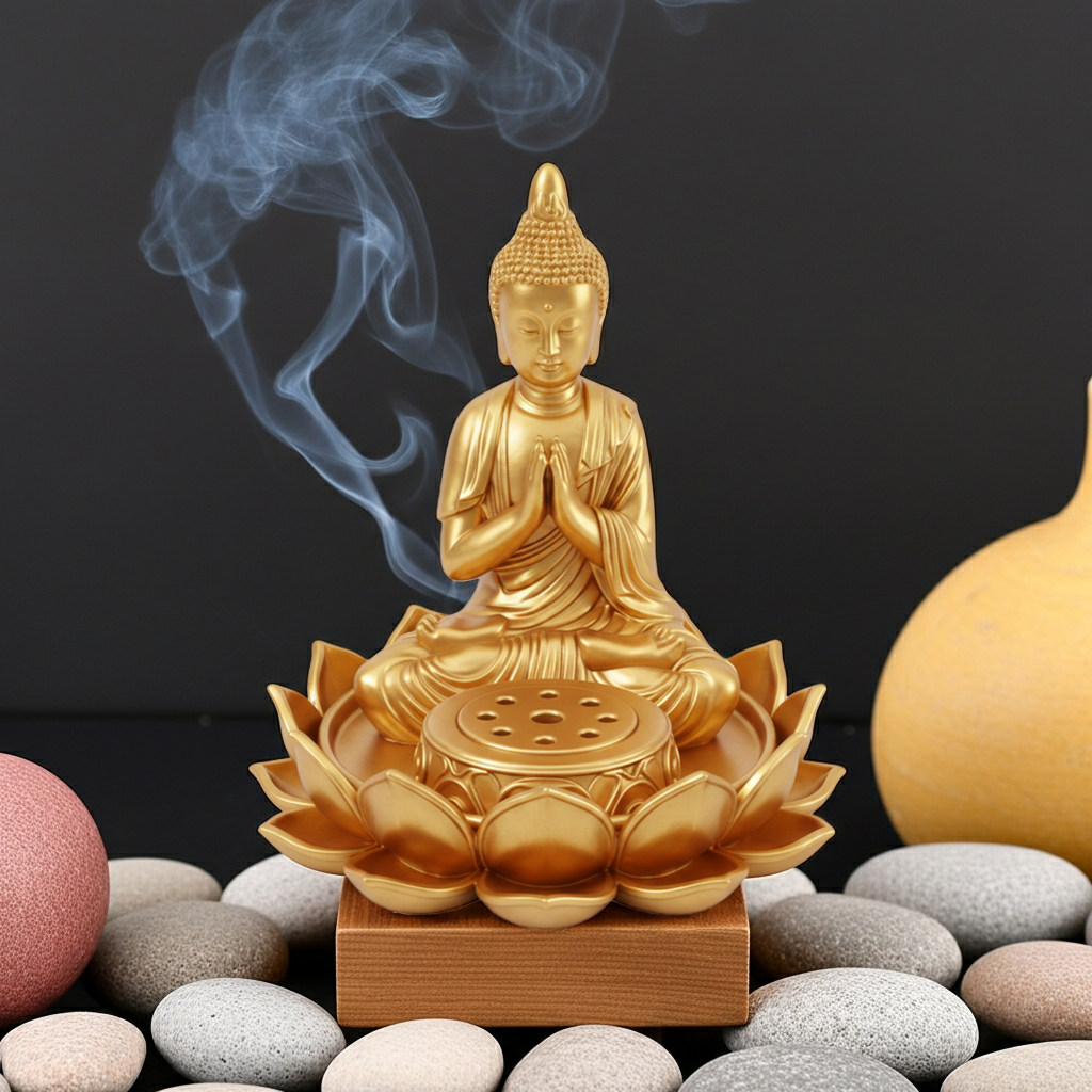 The Lotus Buddha Incense Holder in 3D printed PLA, matte finish by MokshaGoldSculptures, shown with pebbles and yellow vase.