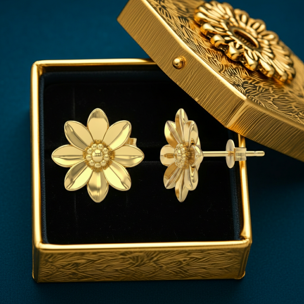 Polished brass flower stud earrings by MokshaGoldSculptures, detailed petals, in gold floral box on dark teal.