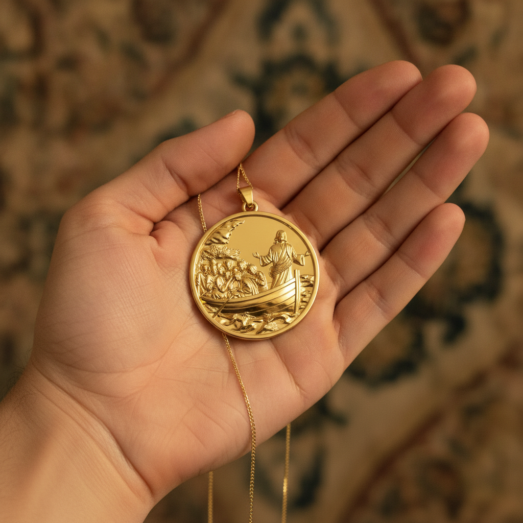 Jesus Calms the Storm Coin Pendant Necklace | 30mm Christian Medallion | 18K Gold, Sterling Silver or Yellow Brass | Religious Gift