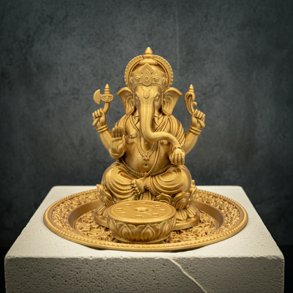 Ganesh Incense Holder Tray in PLA & resin, ornate finish by MokshaGoldSculptures.