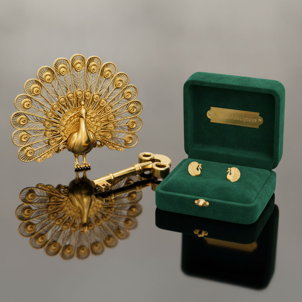 Peacock Stud Earrings in 9K gold, sterling silver, or brass by MokshaGoldSculptures displayed in a green velvet box.