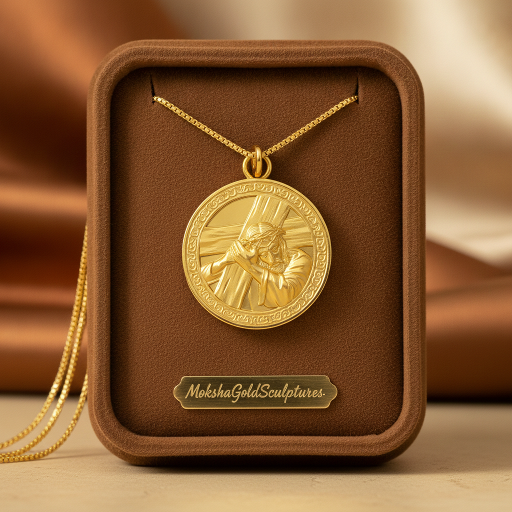 The Jesus Carrying the Cross Medallion Pendant in 9K gold by MokshaGoldSculptures, shown in a brown velvet box.
