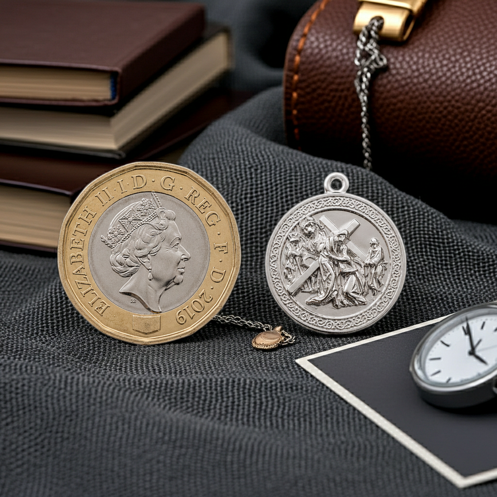 Jesus Carrying the Cross – 925 Sterling Silver Pendant by MokshaGoldSculptures with two coins on dark fabric.