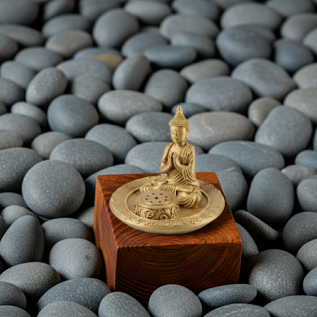 The Buddha Incense Holder Tray in gold finish by MokshaGoldSculptures on wood with gray pebbles.