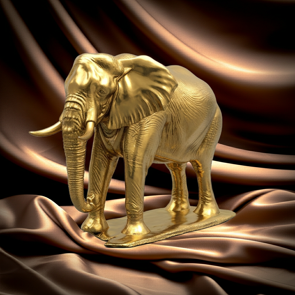 The Majestic Golden Elephant Statue in gold finish by MokshaGoldSculptures, handmade PLA sculpture on brown satin.