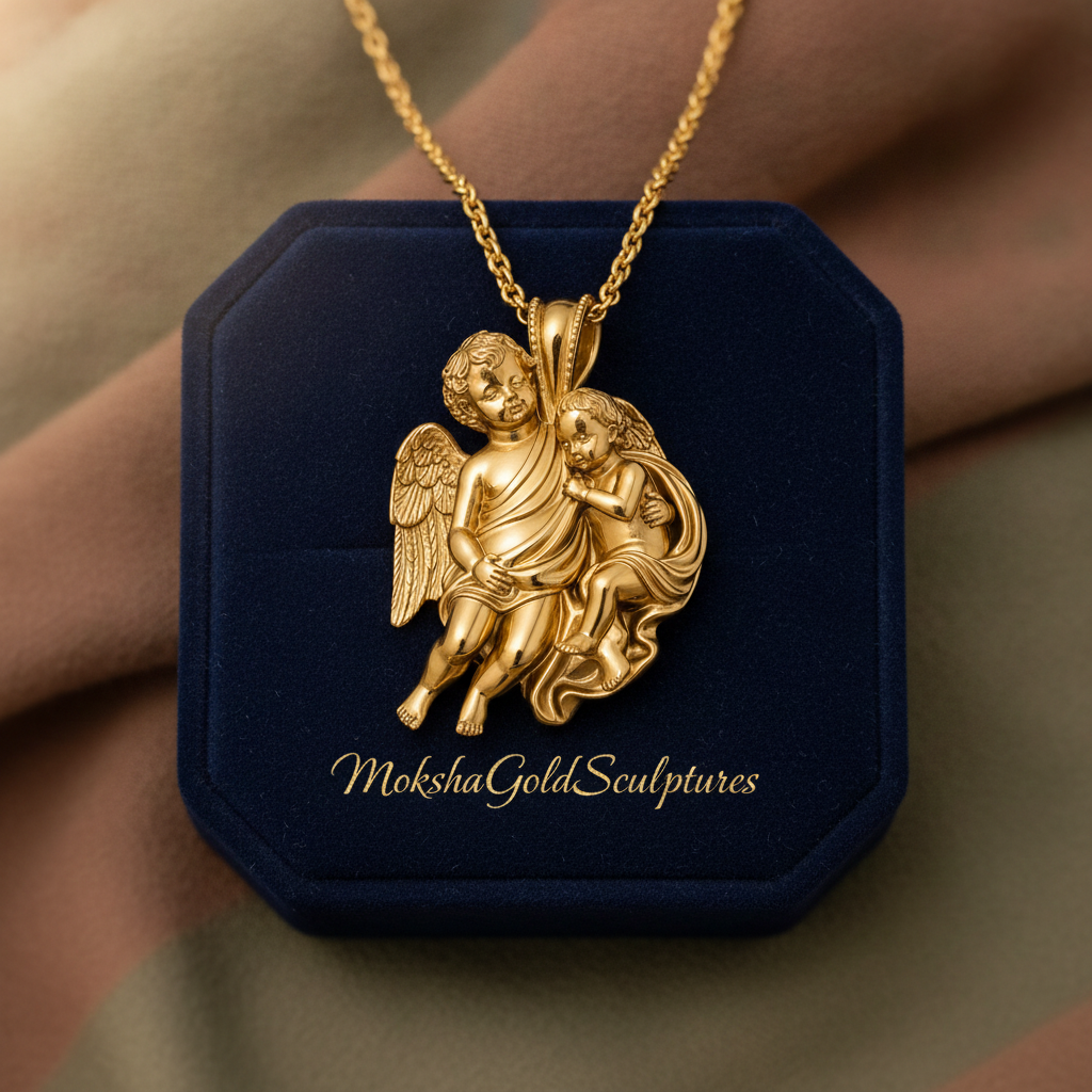 Golden Cherub Duo Pendant Necklace | Guardian Angel Pendant | 9K Gold, Sterling Silver & Yellow Brass | Religious Jewelry | Cherub Gift