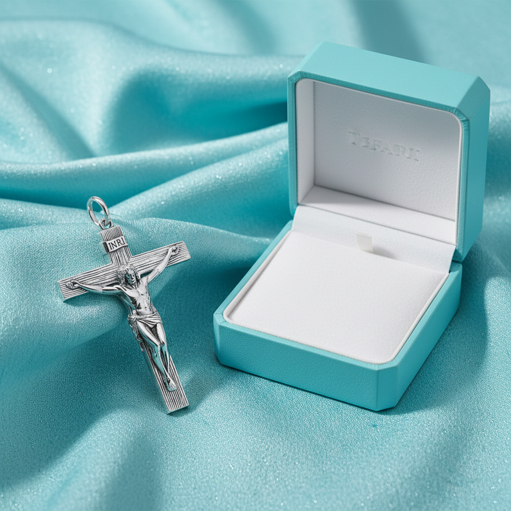 Polished Silver & Brass Crucifix Pendant 25x8x12mm – Wood Texture Cross – INRI Religious Charm