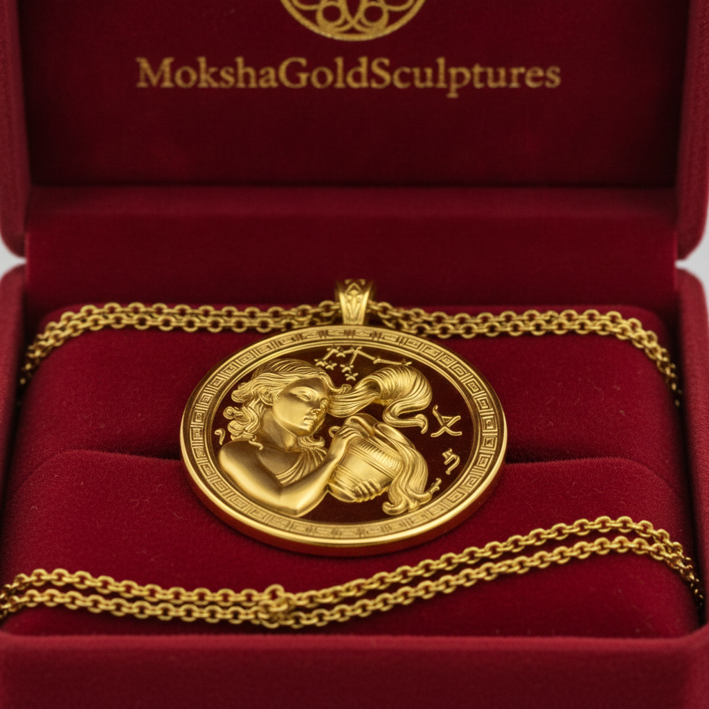 Aquarius Zodiac Pendant Necklace in 9K gold by MokshaGoldSculptures, Aquarius medallion in red velvet box.