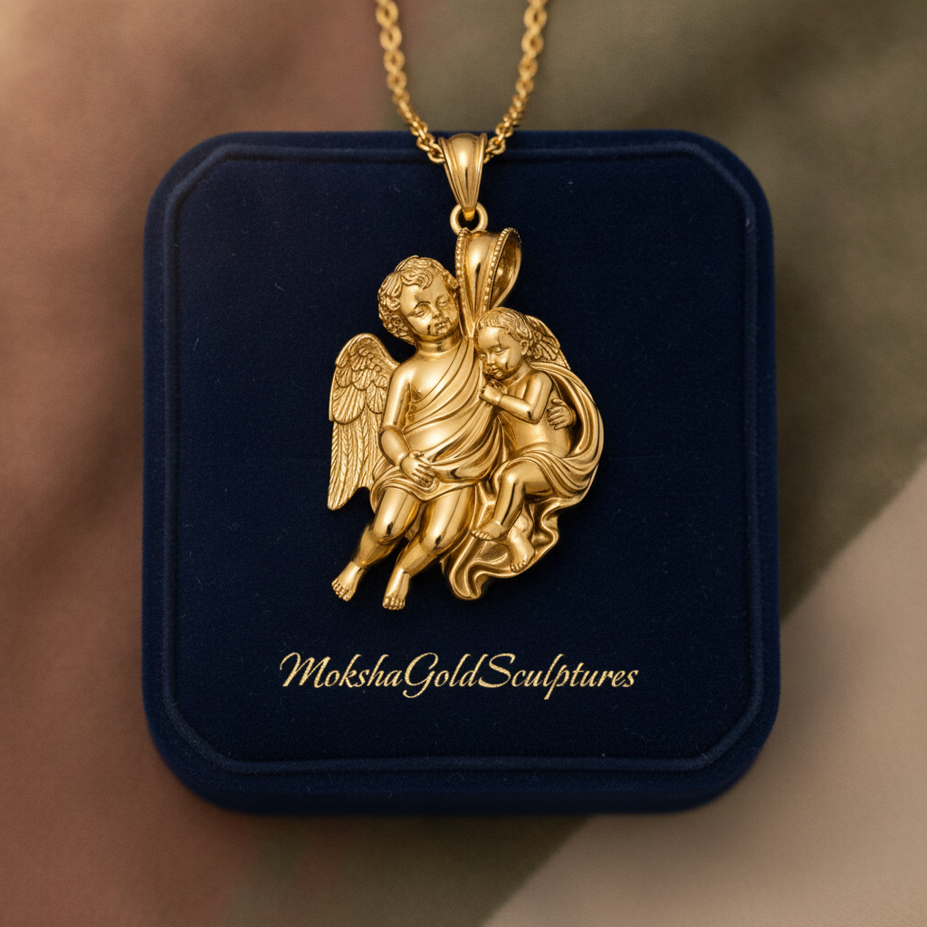Golden Cherub Duo Pendant Necklace | Guardian Angel Pendant | 9K Gold, Sterling Silver & Yellow Brass | Religious Jewelry | Cherub Gift