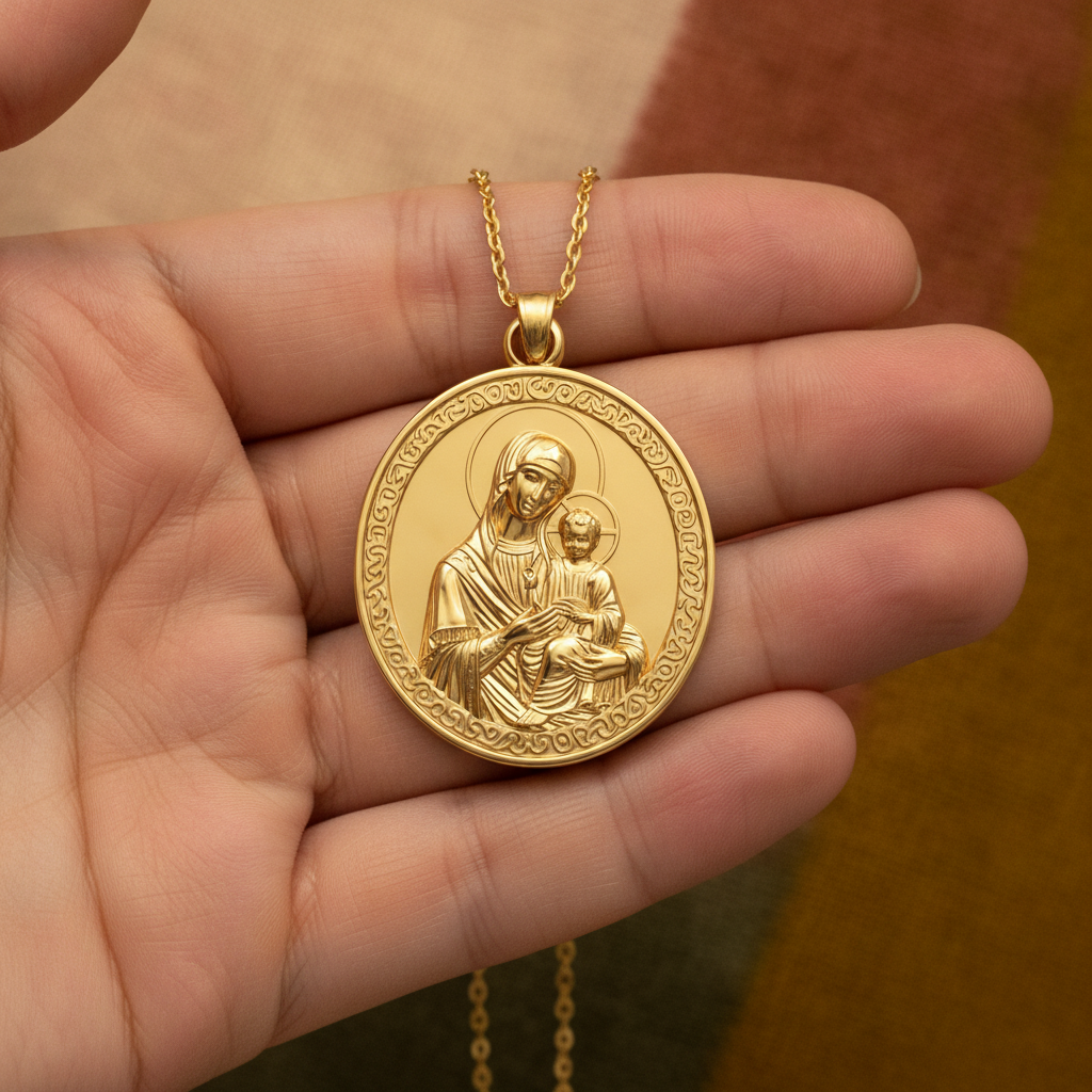 Virgin Mary & Child Coin Pendant Necklace | Blessed Mother Medallion | Christian Jewelry in 18K Gold, Sterling Silver or Yellow Brass