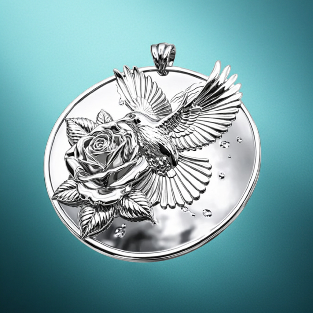 Polished Silver & Brass Hummingbird Rose Pendant Necklace | Handmade Engraved Floral Bird Jewelry | Gift for Her | Nature Inspired Charm