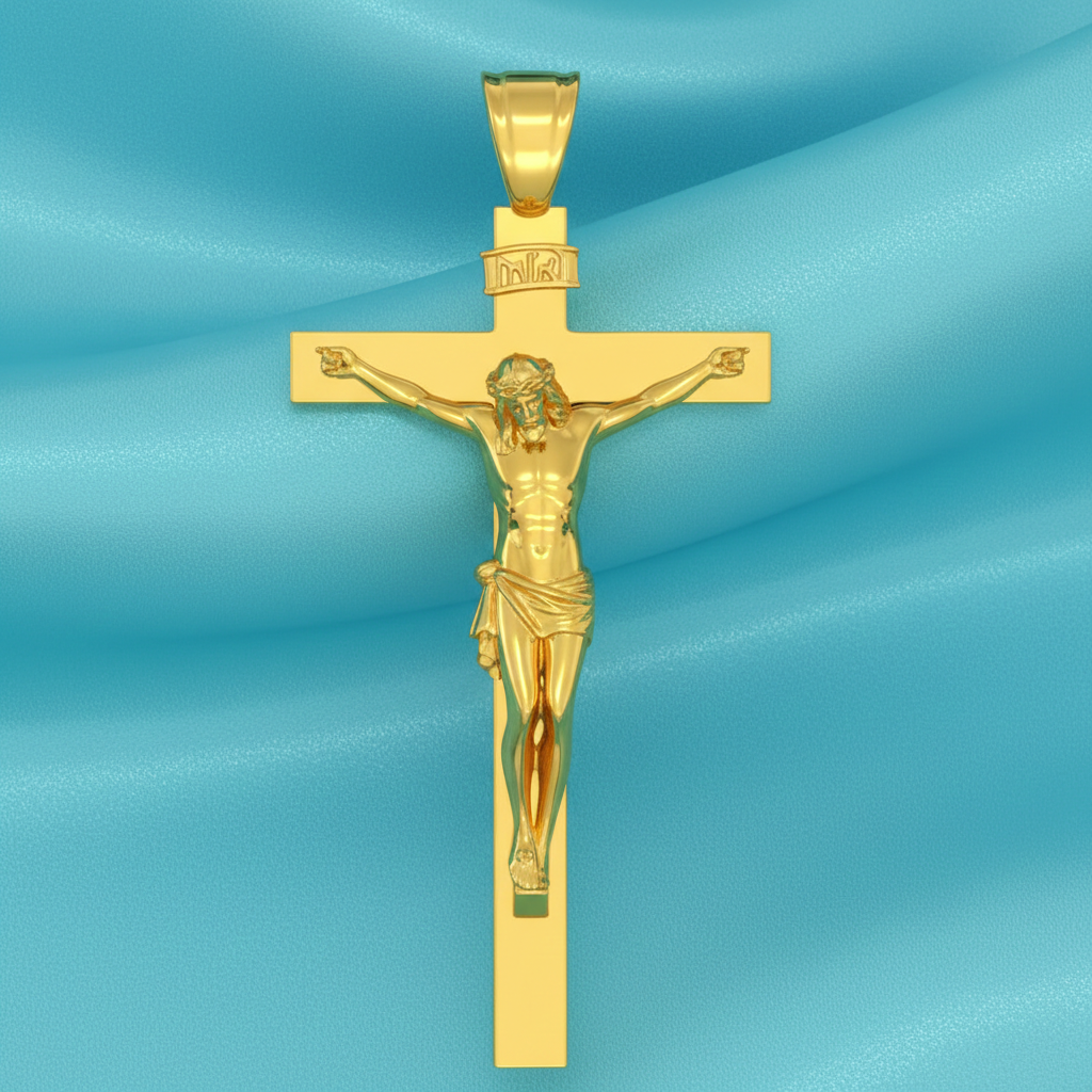 Polished Gold Crucifix Pendant 25x8x12mm – Wood Texture Cross – INRI Religious Charm