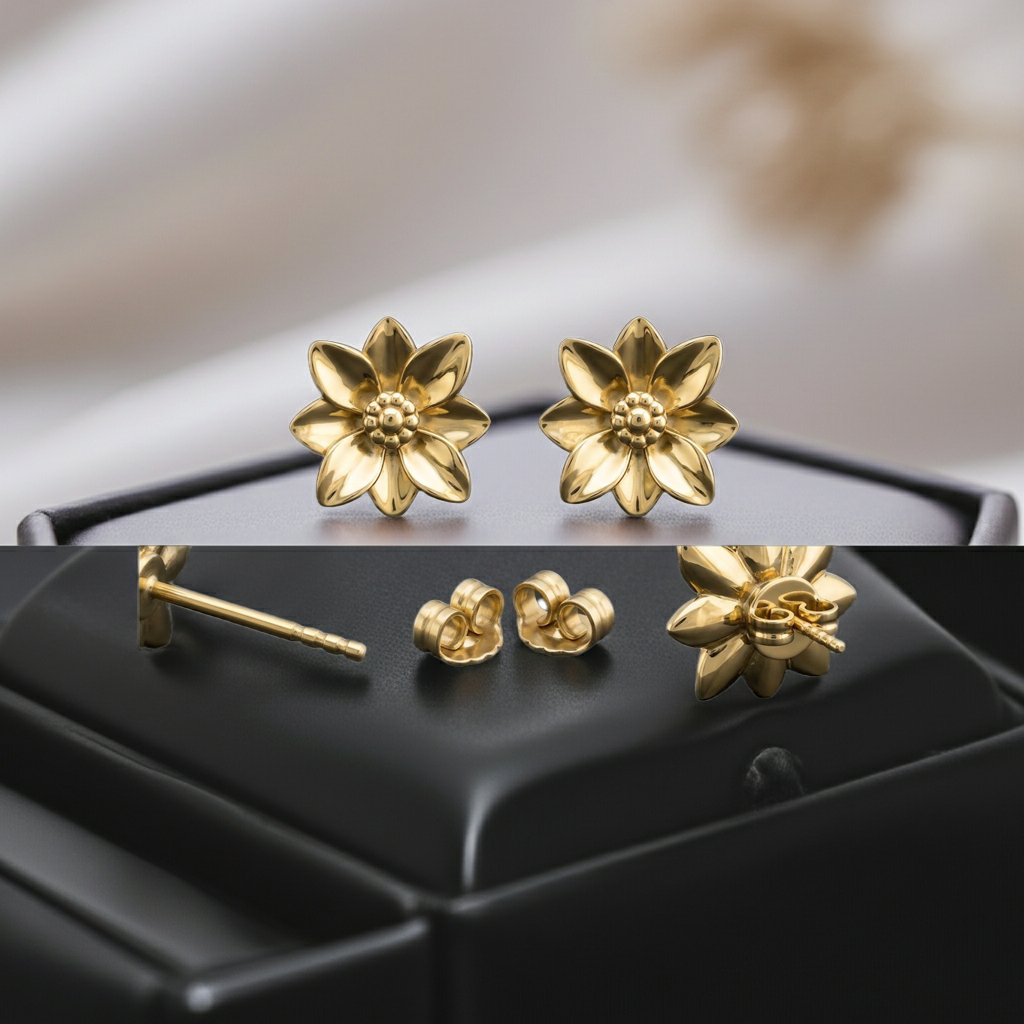 Polished brass flower stud earrings by MokshaGoldSculptures with detailed petals, shown on a black jewelry box.