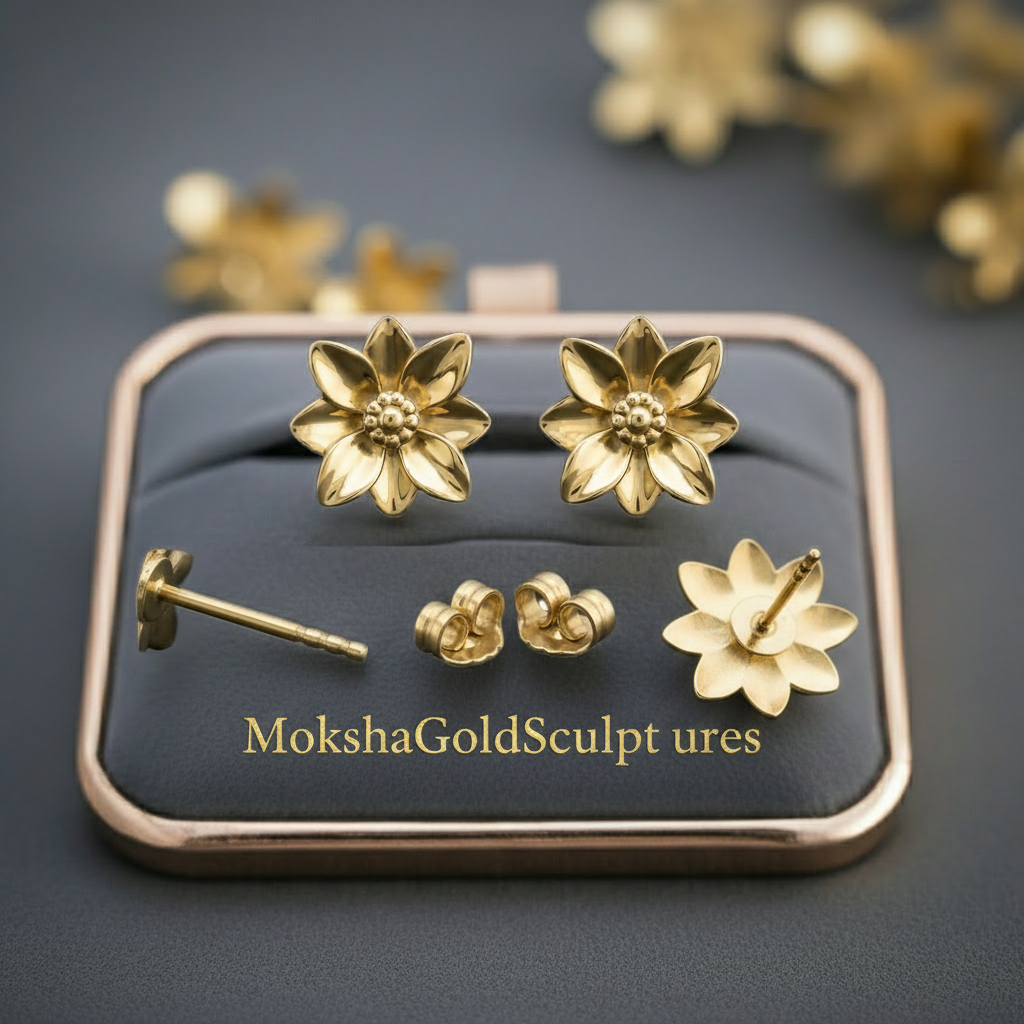 Polished Brass Flower Stud Earrings by MokshaGoldSculptures on grey and rose gold stand, brand name visible.