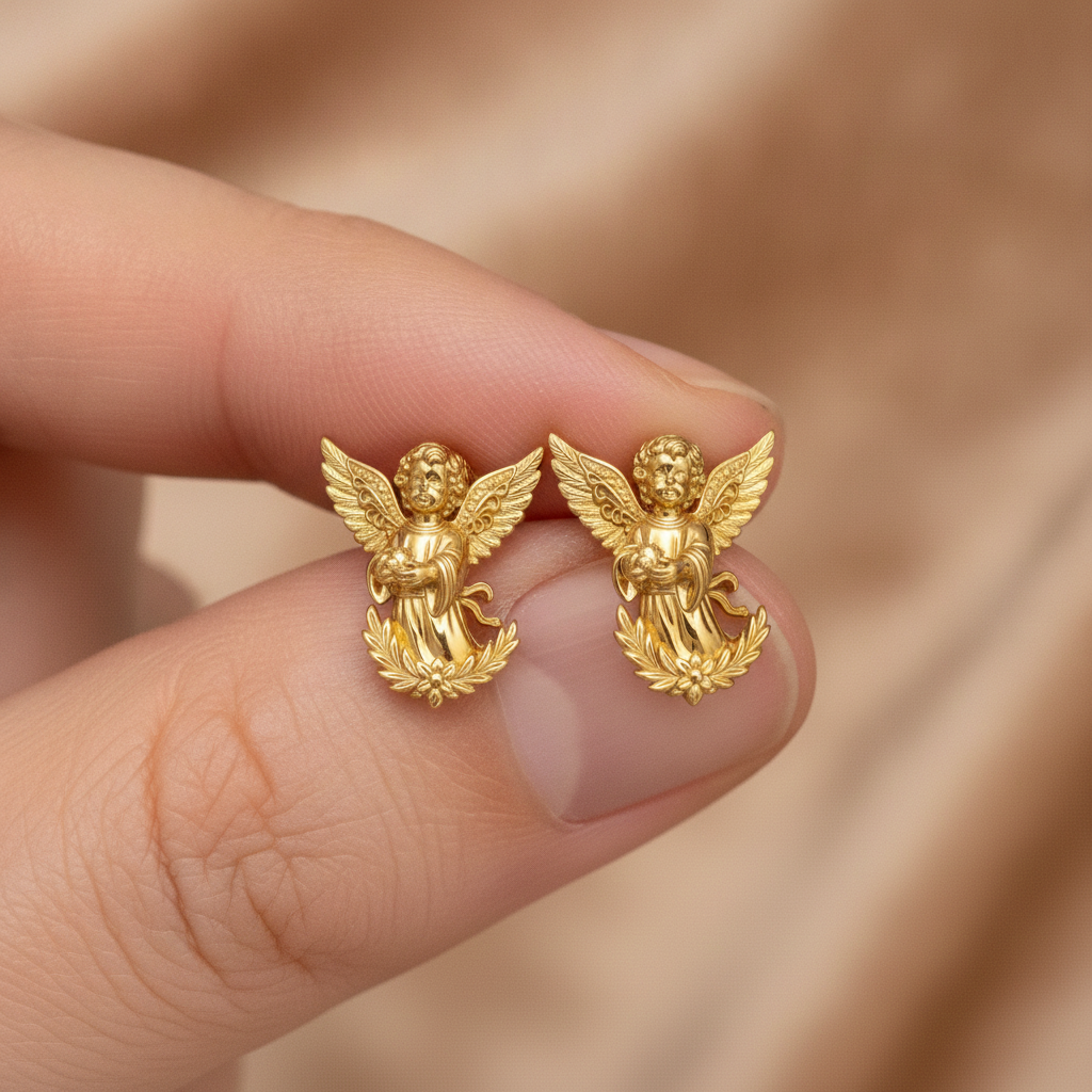 Angel Cherub Stud Earrings | 9K Gold, Sterling Silver or Brass | Handmade Angel Jewelry | Cherub Earrings | Artisan Religious Jewelry | Gift for Her