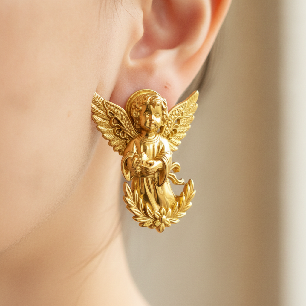 Angel Cherub Stud Earrings | 9K Gold, Sterling Silver or Brass | Handmade Angel Jewelry | Cherub Earrings | Artisan Religious Jewelry | Gift for Her