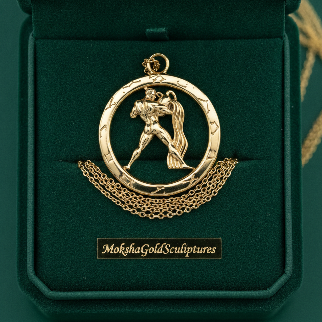 Aquarius Zodiac Pendant Necklace in 9K gold by MokshaGoldSculptures, Water Bearer symbol, shown in green velvet box.