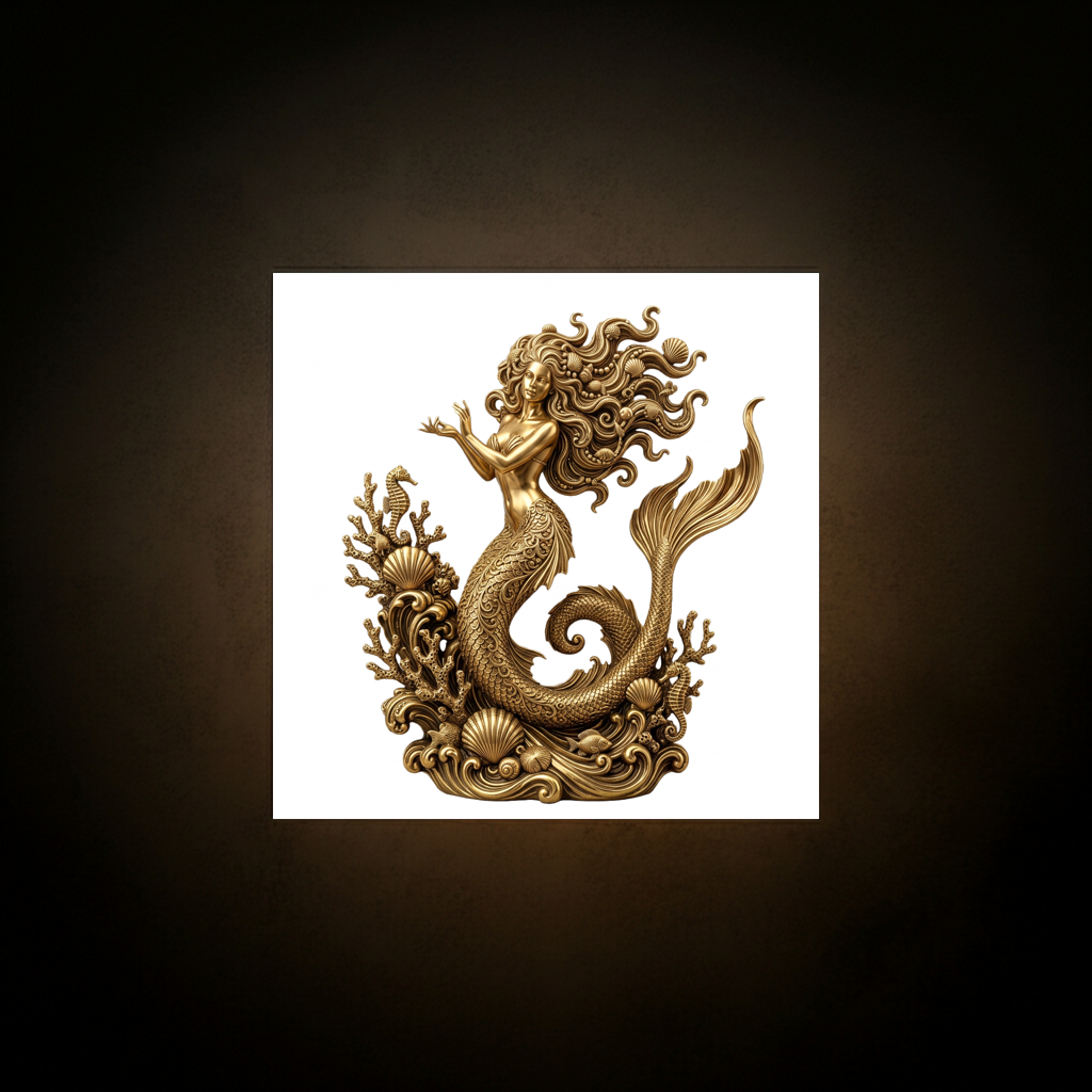 The Golden Mermaid Statue in gold finish by MokshaGoldSculptures, detailed scales and flowing hair, 250mm sculpture.
