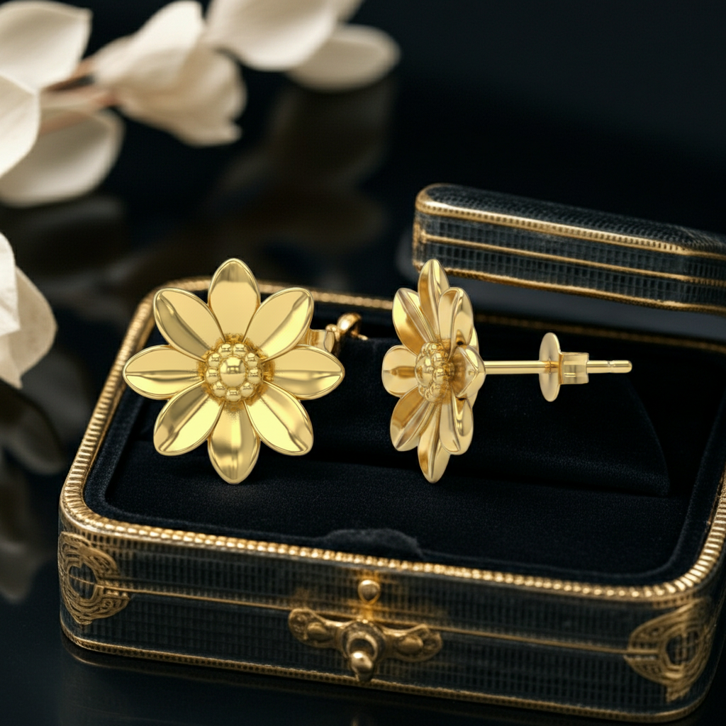 Flower Stud Earrings in polished brass by MokshaGoldSculptures, displayed in a velvet box with floral details.