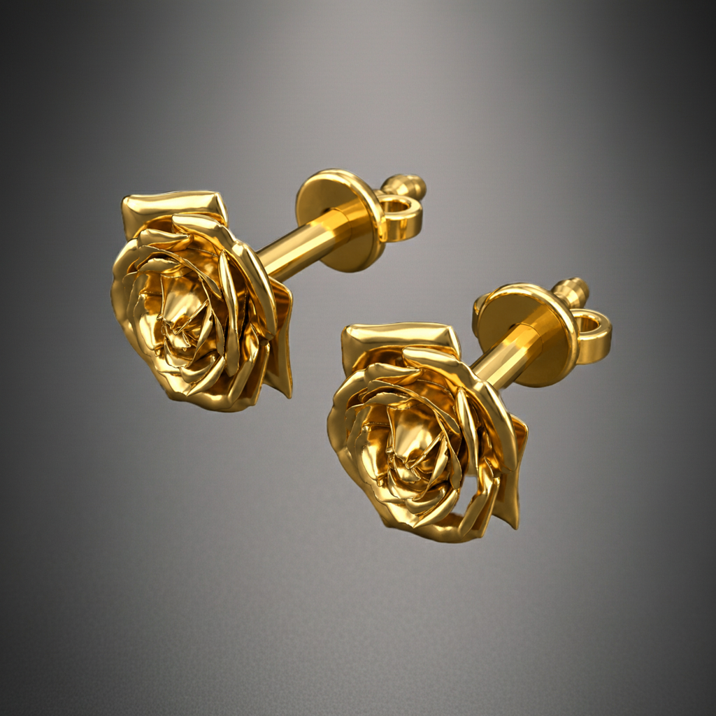 Polished Brass Rose Stud Earrings by MokshaGoldSculptures, detailed roses in a high polish finish on gradient gray background.