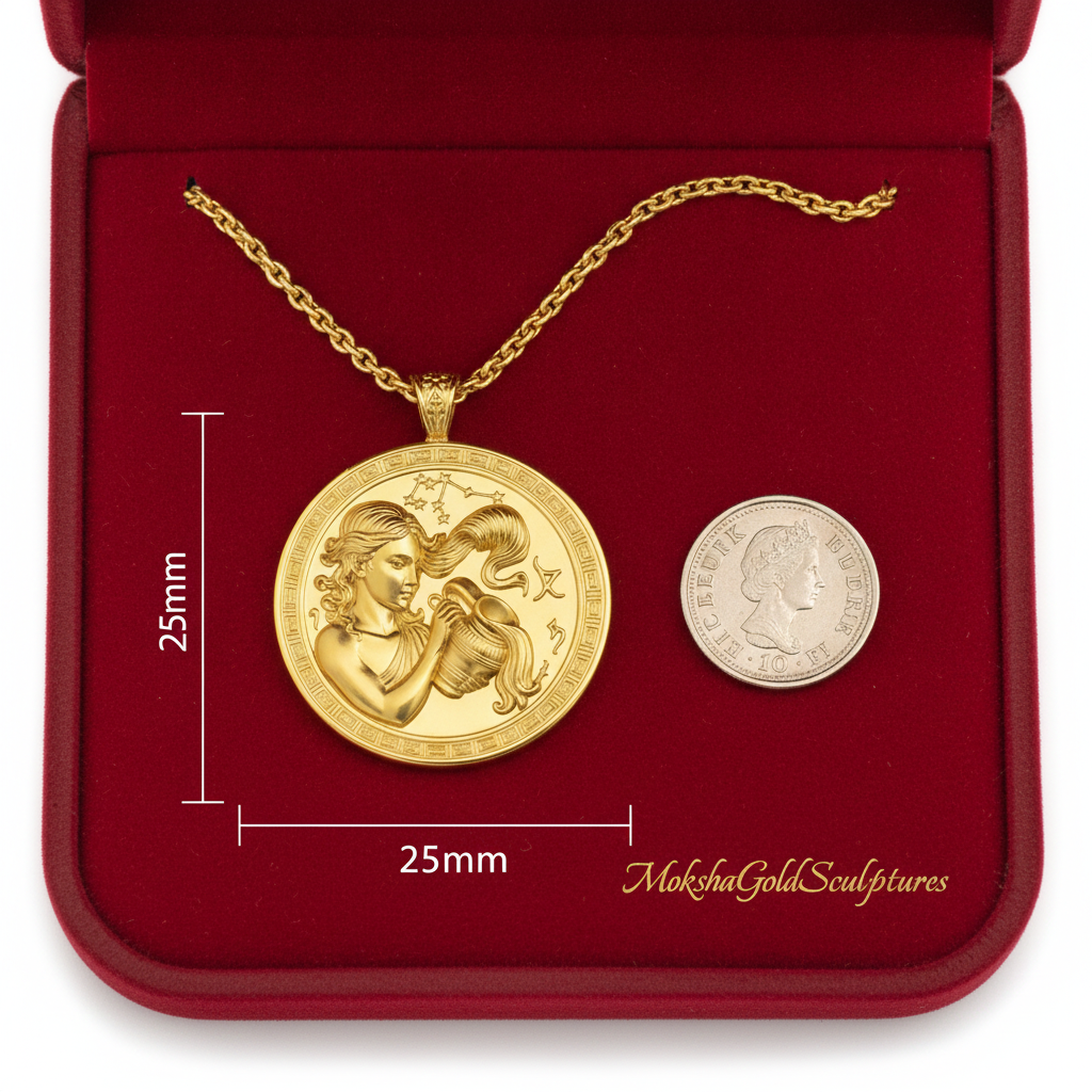 Aquarius Zodiac Medallion Necklace, 25mm Water Bearer Pendant, Greek Astrology Coin Necklace, 9K Gold, Sterling Silver or Yellow Brass, Zodiac Birthday Gift