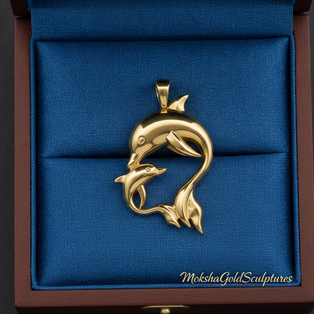 The Dolphin Mother & Baby Pendant Necklace in high-polished 18K white gold by MokshaGoldSculptures.