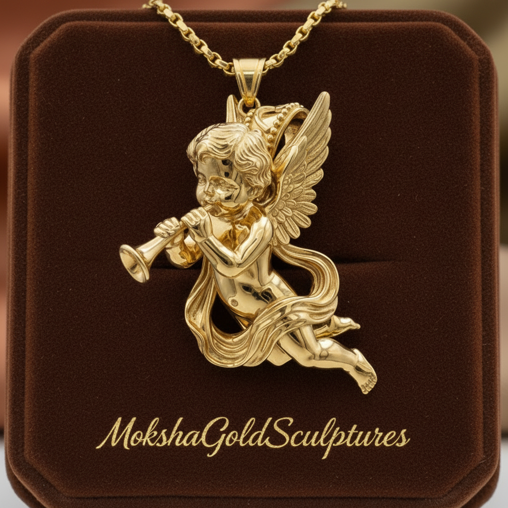 Golden Cherub Flute Pendant Necklace | Guardian Angel Jewelry | 9K Gold, Sterling Silver & Yellow Brass