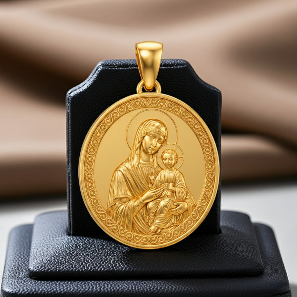 Mary with Baby Jesus Pendant Necklace – Ancient Religious Scene Jewelry – Catholic Christian Devotional Gift