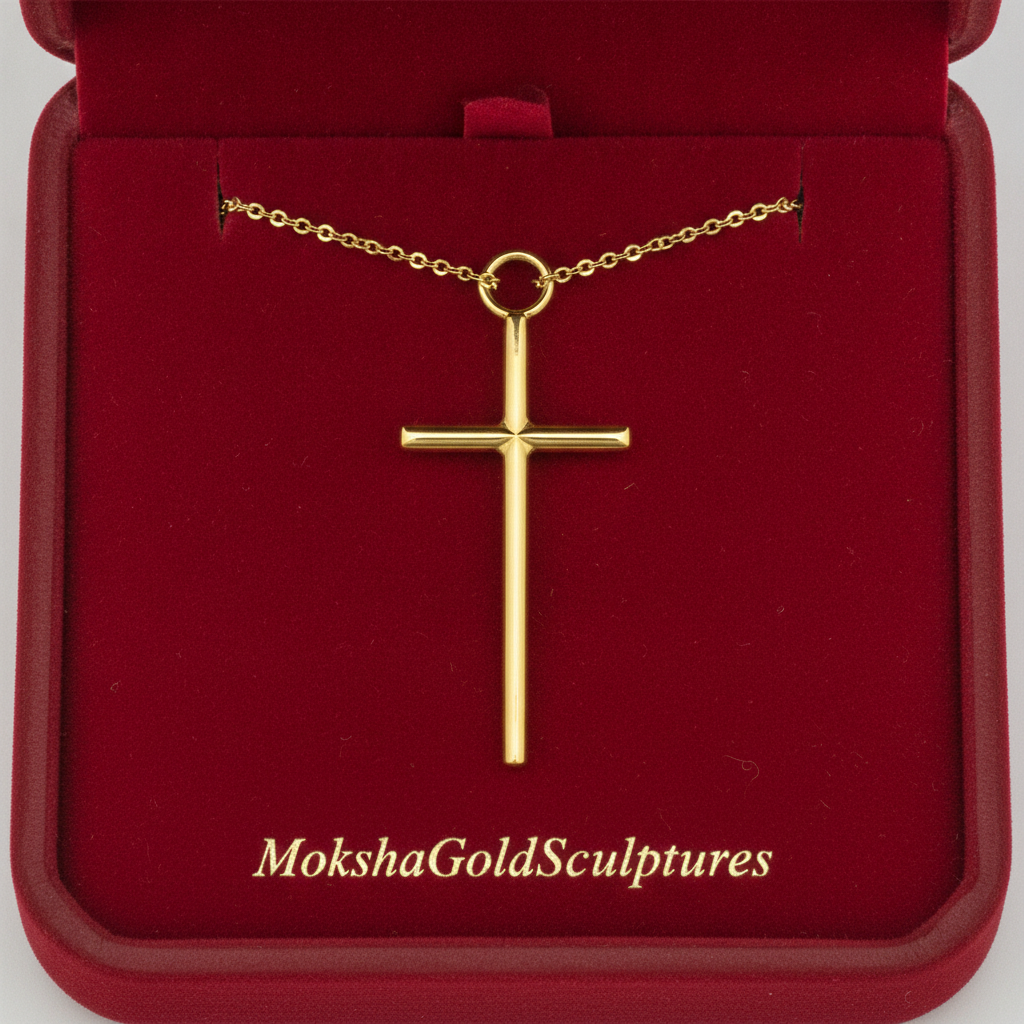 MokshaGoldSculptures Minimalist Cross Pendant Necklace in 9K gold displayed in red velvet jewelry box.