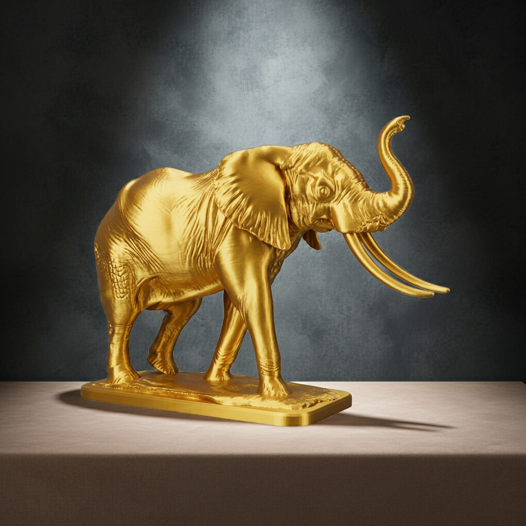 The Majestic Elephant Sculpture in gold PLA finish by MokshaGoldSculptures, elegant on base.