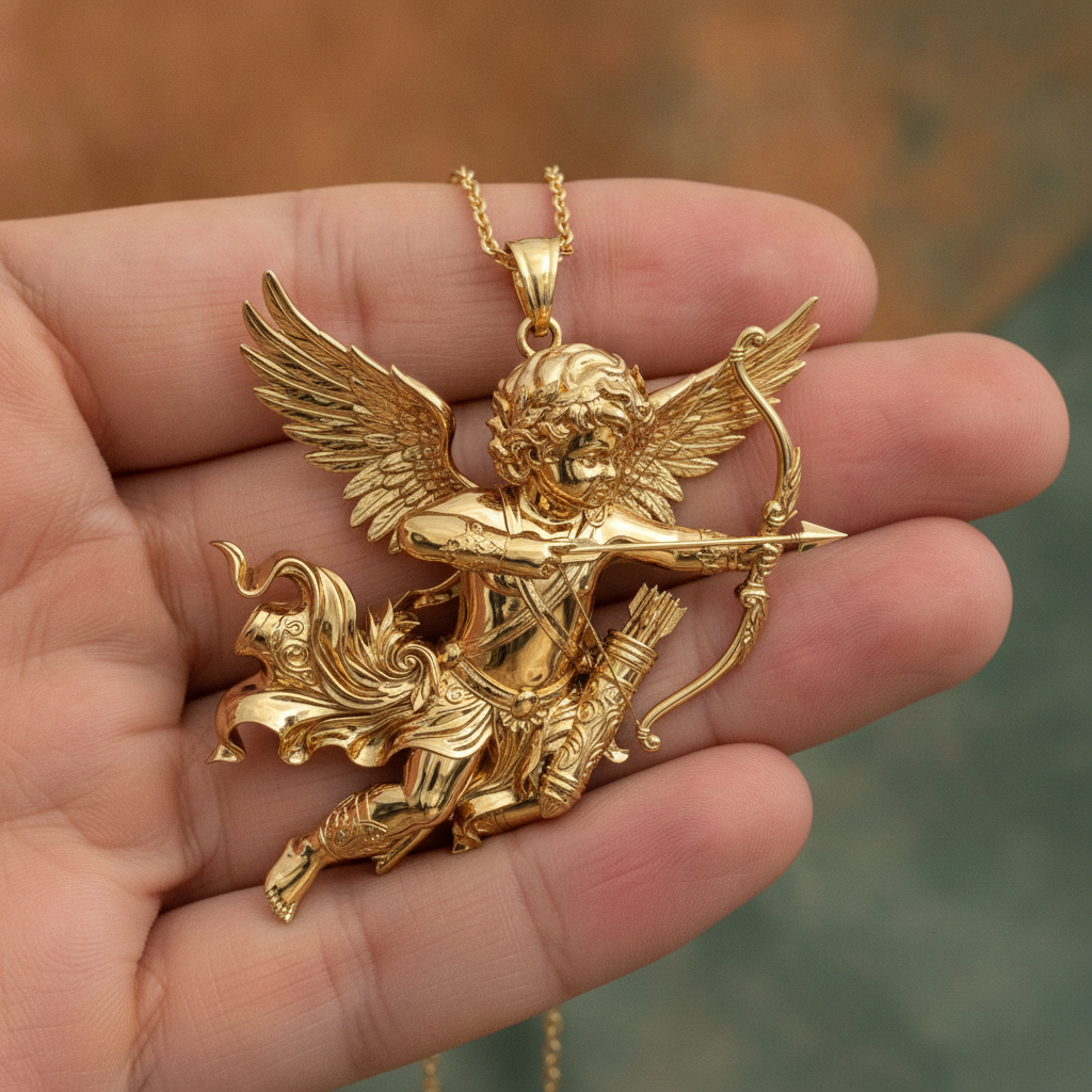 Winged Cupid Archer Pendant Necklace | Cherub Angel with Bow & Arrow | Handmade in 9K Gold, Sterling Silver & Yellow Brass