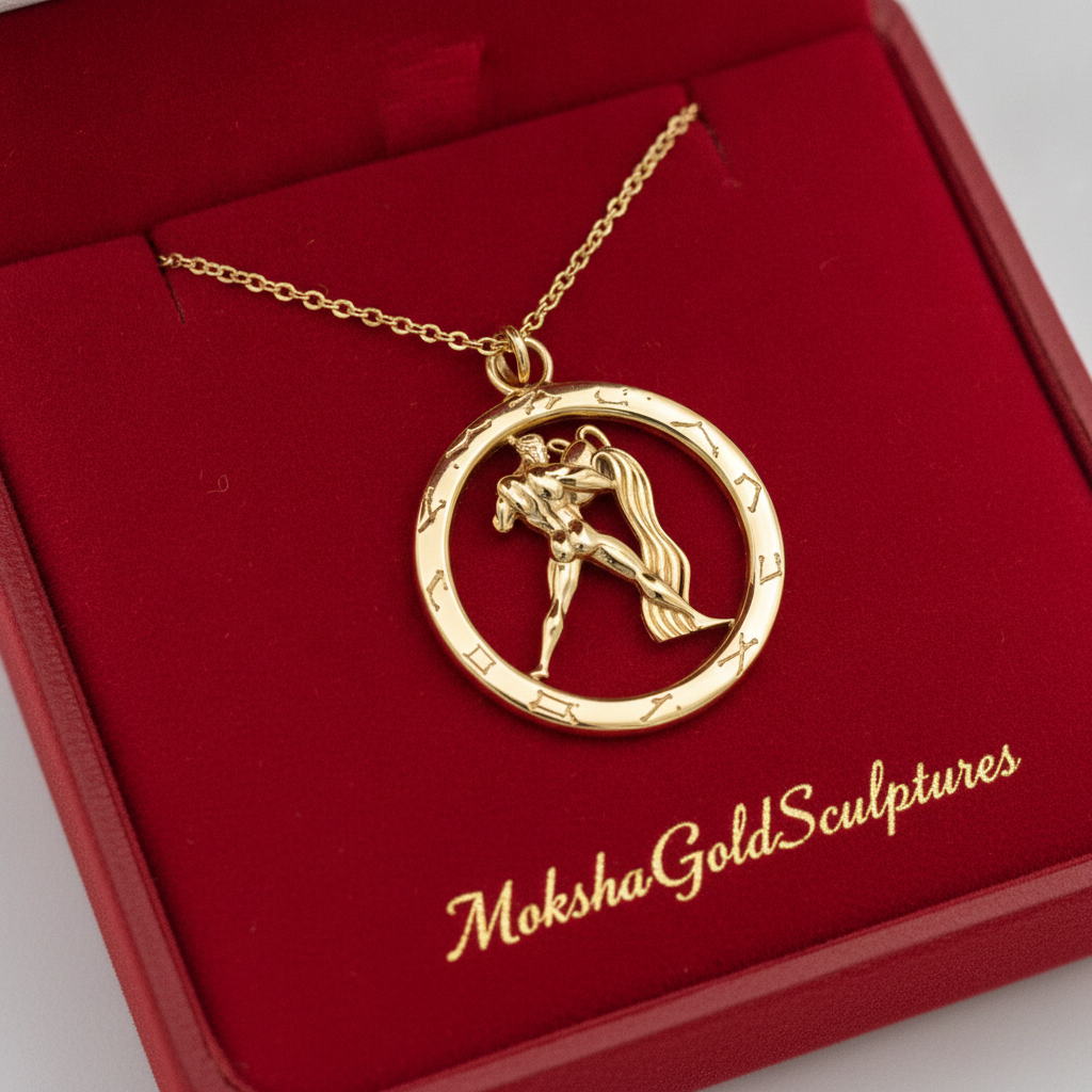 Aquarius Zodiac Pendant Necklace in 9K gold, sterling silver, or brass by MokshaGoldSculptures.
