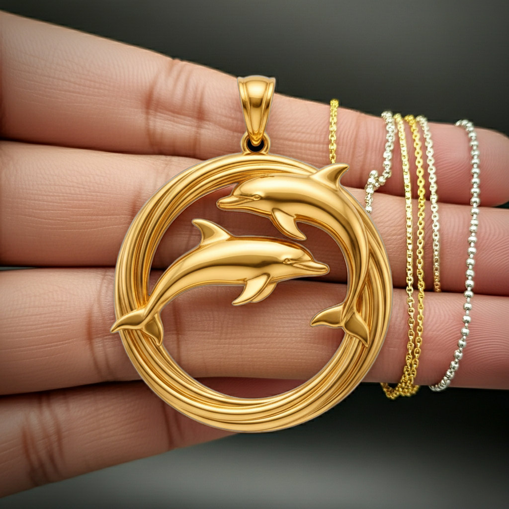 Dolphin Pendant Necklace in gold or sterling silver by MokshaGoldSculptures, two dolphins inside a circle, ocean chain detail.