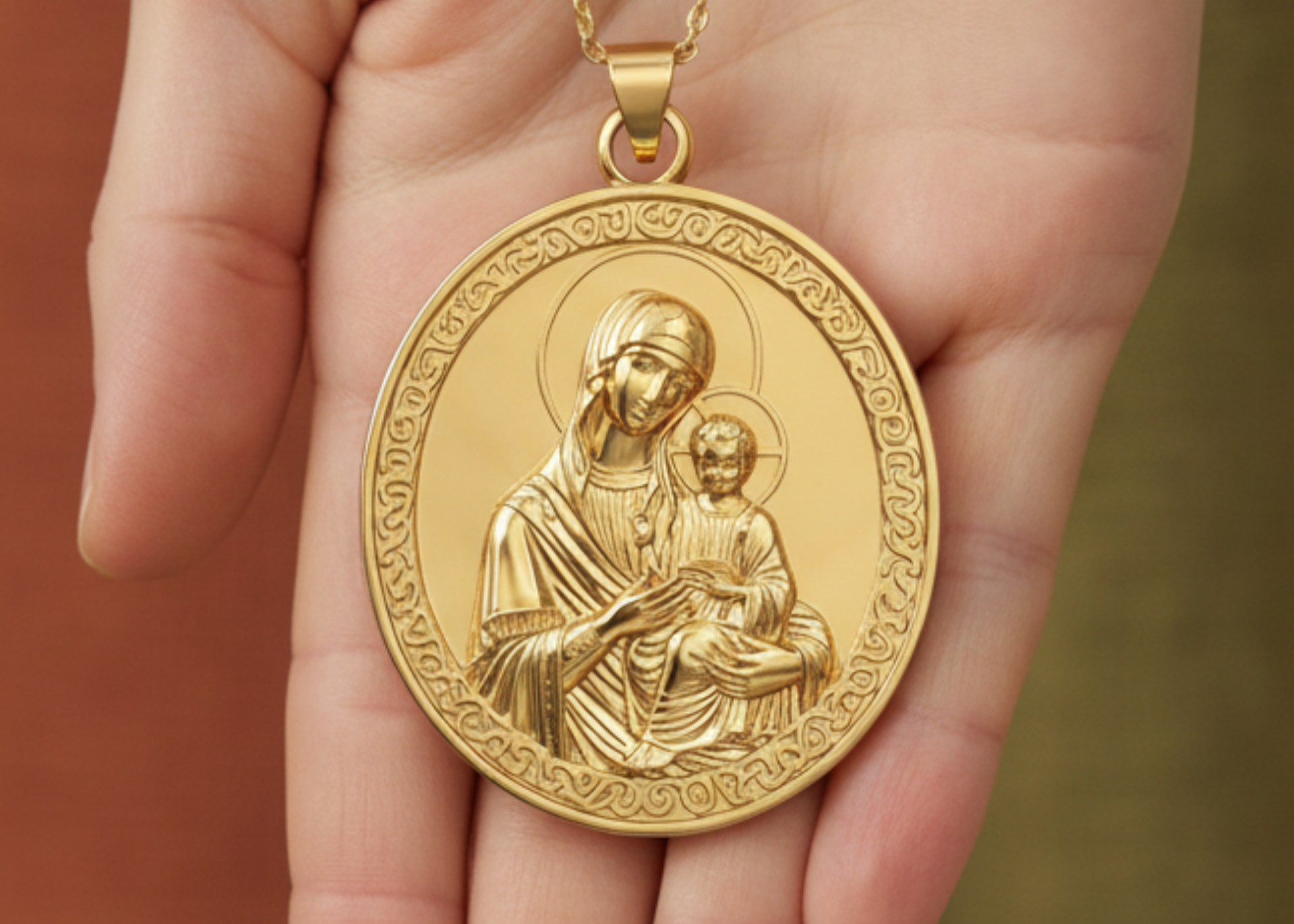 Virgin Mary & Child Coin Pendant Necklace | Blessed Mother Medallion | Christian Jewelry in 18K Gold, Sterling Silver or Yellow Brass