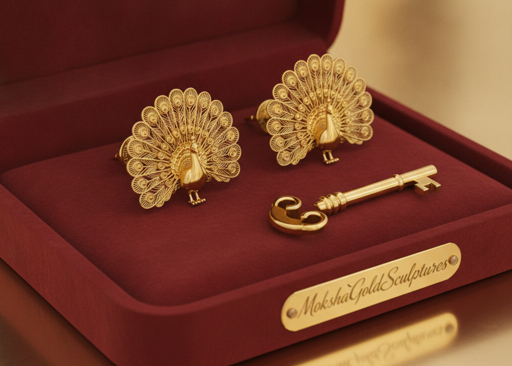 Peacock Stud Earrings in 9K gold, sterling silver, or brass by MokshaGoldSculptures displayed in a red velvet box.