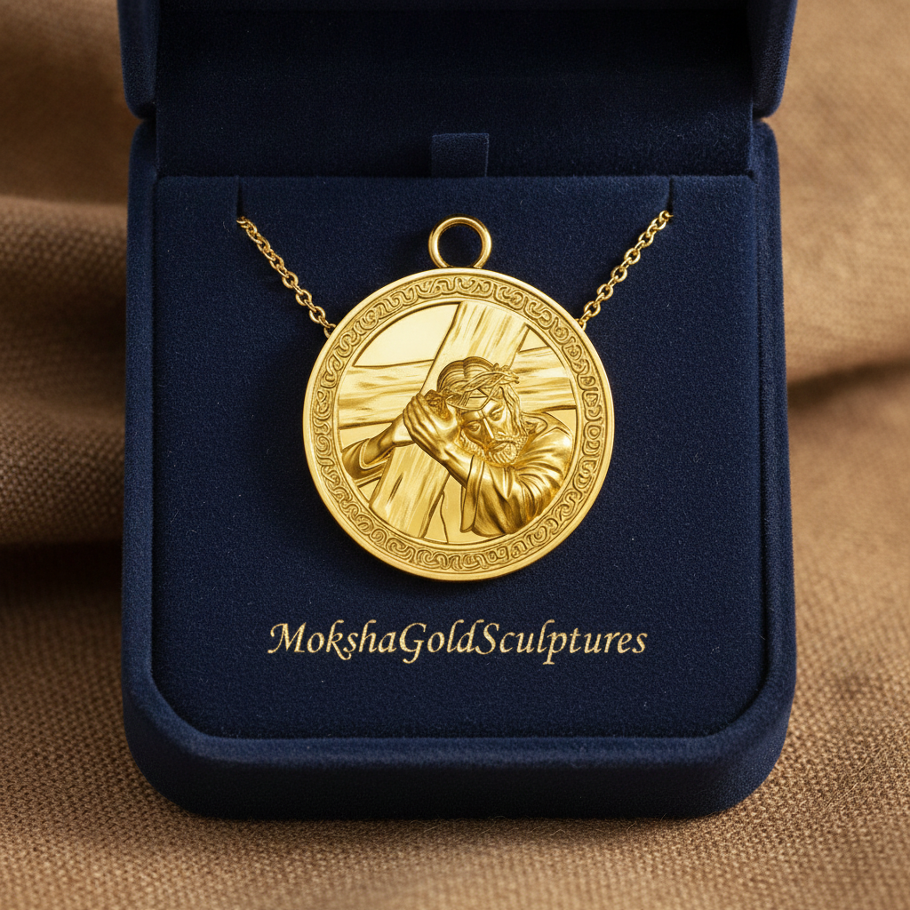 The Jesus Carrying the Cross Medallion Pendant in 9K gold, silver & yellow brass by MokshaGoldSculptures.