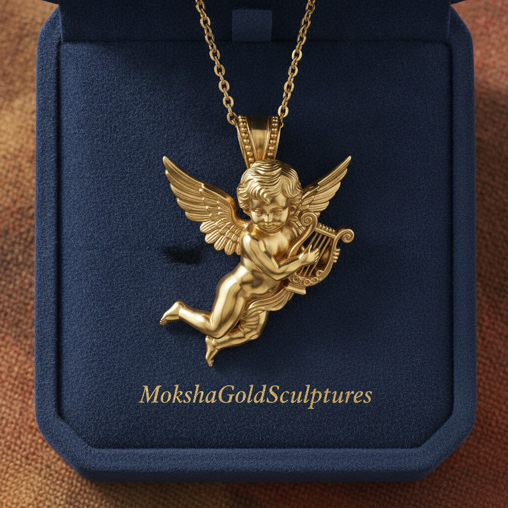 Golden Cherub Harp Pendant Necklace, Guardian Angel Jewelry, 9K Gold Angel Pendant, Sterling Silver Cherub Necklace, Religious Gift