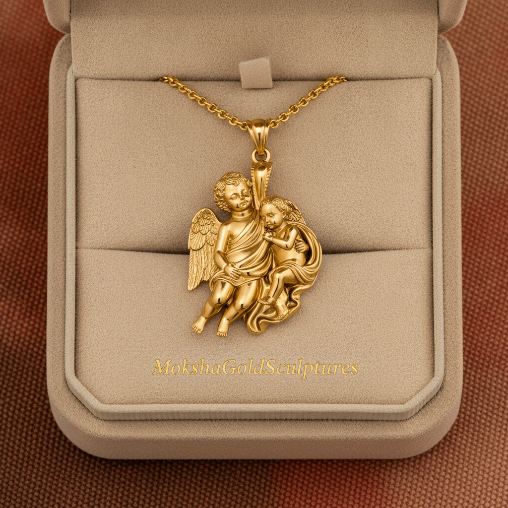 Golden Cherub Duo Pendant Necklace | Guardian Angel Jewelry | 9K Gold, Sterling Silver & Yellow Brass | Handmade Religious Gift