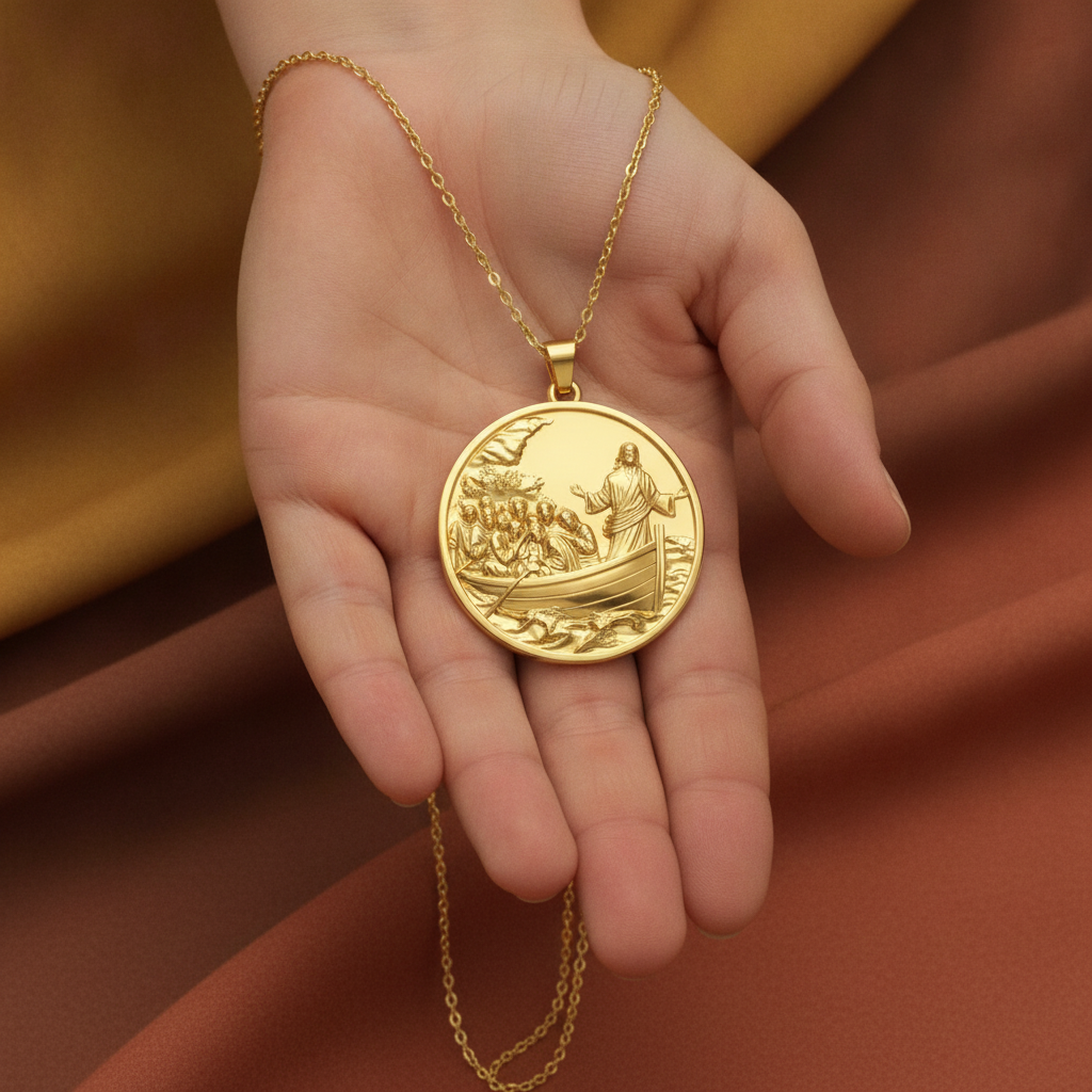 Jesus Calms the Storm Coin Pendant Necklace | 30mm Christian Medallion | 18K Gold, Sterling Silver or Yellow Brass | Religious Gift
